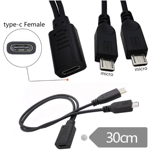 USB-C Female to Dual Micro USB 5Pin Male Splitter Extension Charge Cable