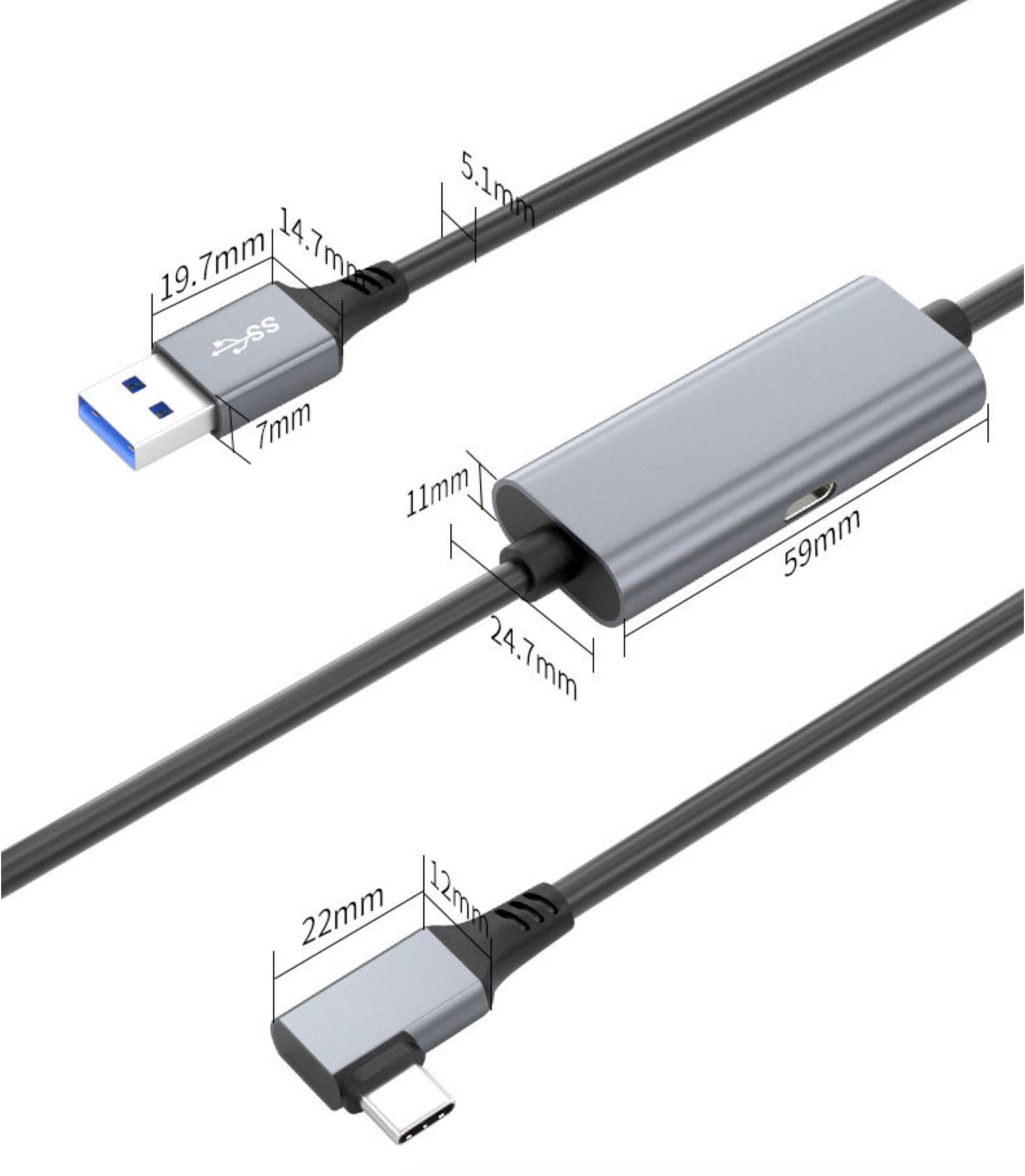 USB 3.0 Type A to 90 Degree Angled USB C VR Headset Cable 7m