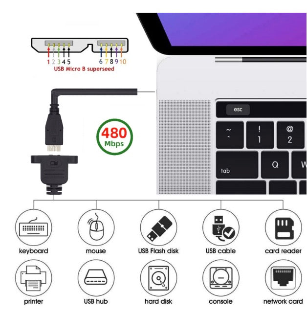 Micro USB 2.0 5Pin Male to Micro B Female Screw Mount Type Extension Cable 480Mbps