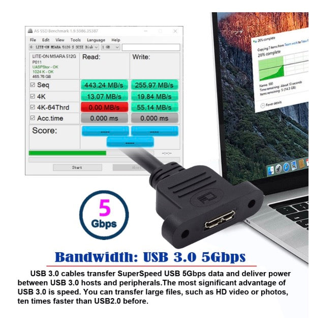 USB-C Male to Micro 3.0 Type-B Female Screw Mount Extension Cable 5Gbps