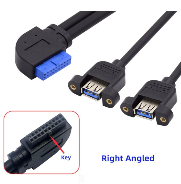20Pin Header to USB 3.0 Dual Ports Female Screw Mount Cable - Right An