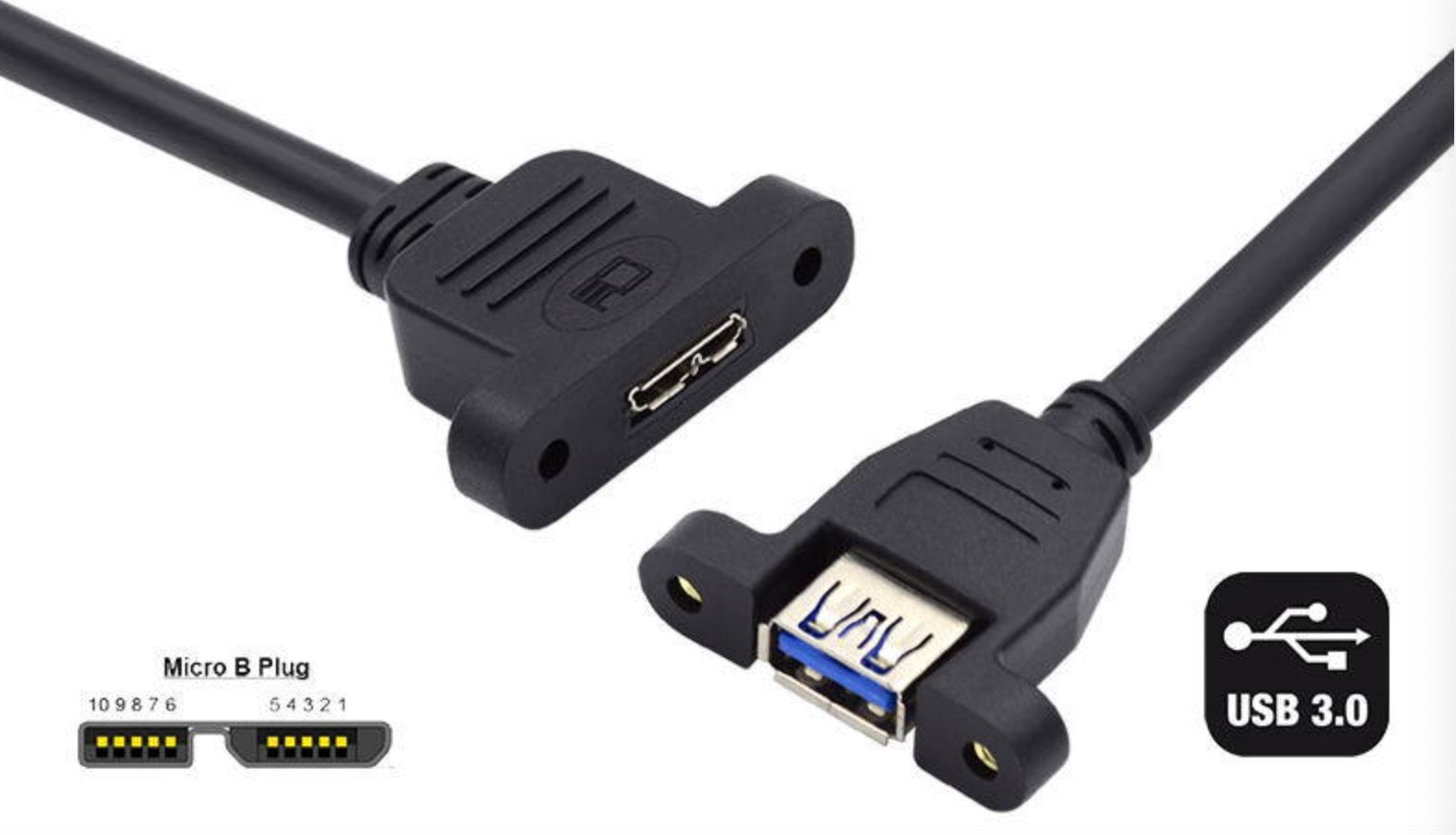 Type-A USB 3.0 Female to Micro 3.0 Type-B Female Screw Mount Type Extension Cable 5Gbps