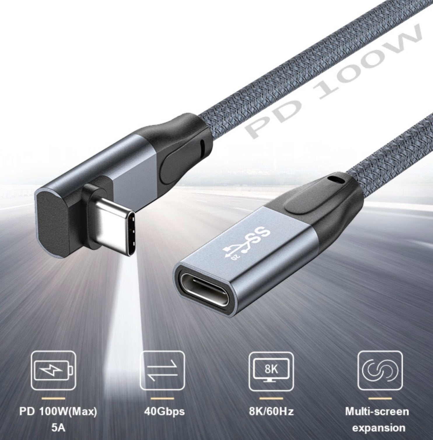 USB-C Male to USB-C Female Angled Cable USB 3.2 Gen3 20Gbps 240W 1m