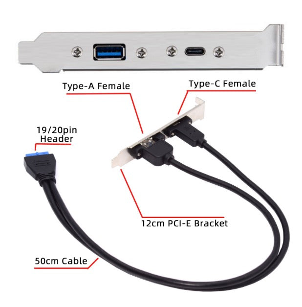 USB 3.0 Motherboard 19/20Pin to USB-C & USB 3.0 Female PCI-E Back Panel Cable 5Gbps