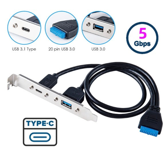 USB 3.0 Motherboard 19/20Pin to USB-C & USB 3.0 Female PCI-E Back Panel Cable 5Gbps