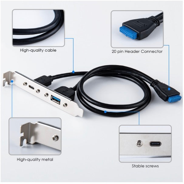 USB 3.0 Motherboard 19/20Pin to USB-C & USB 3.0 Female PCI-E Back Panel Cable 5Gbps