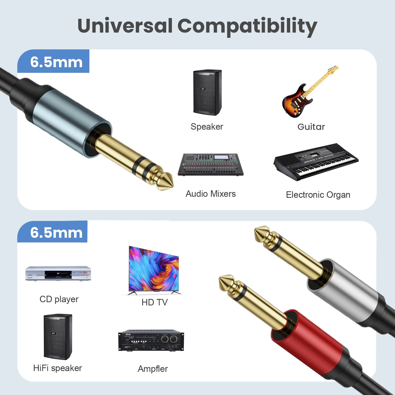 1/4 inch TRS Stereo Y Splitter Insert Cable, 6.35mm Male Jack to Dual 6.35mm Male TS Mono Breakout Audio Cable