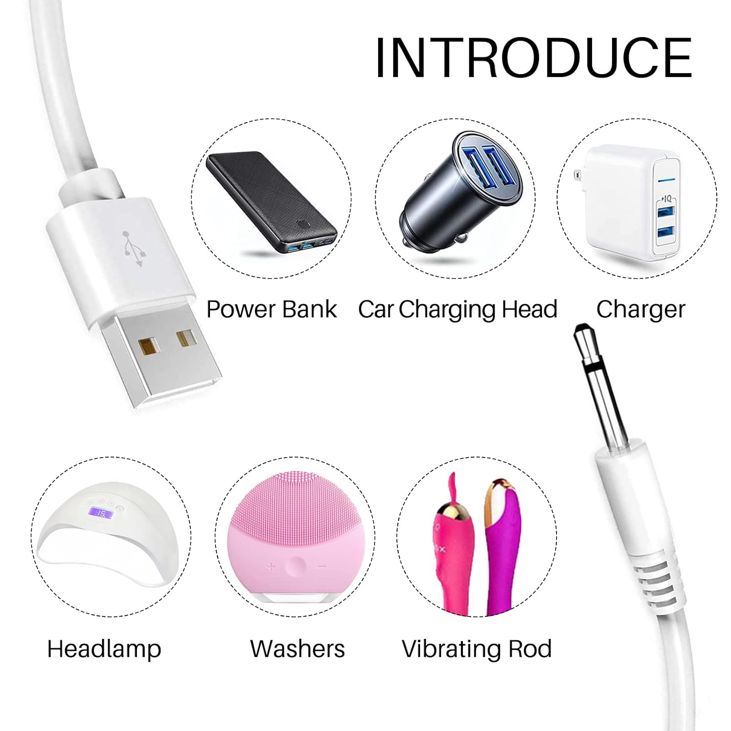 2.5mm USB DC Power Charging Cable For Rechargeable Massagers White 1.2m