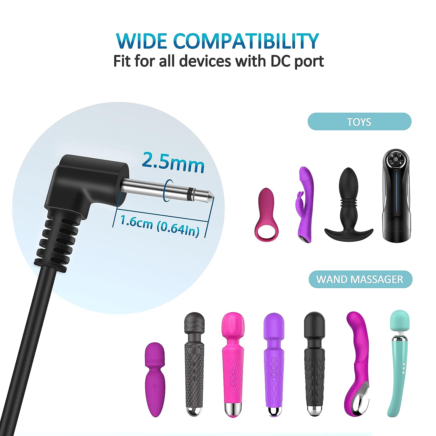 2.5mm USB DC Power Charging Cable For Rechargeable Massagers Black 1.2m