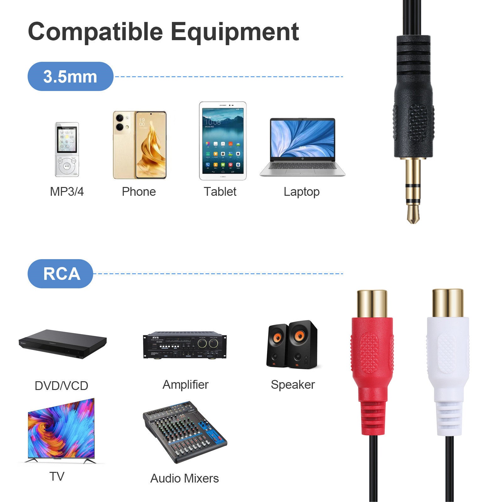 3.5mm Male to 2 x RCA Female Audio Y Splitter Coiled Cable