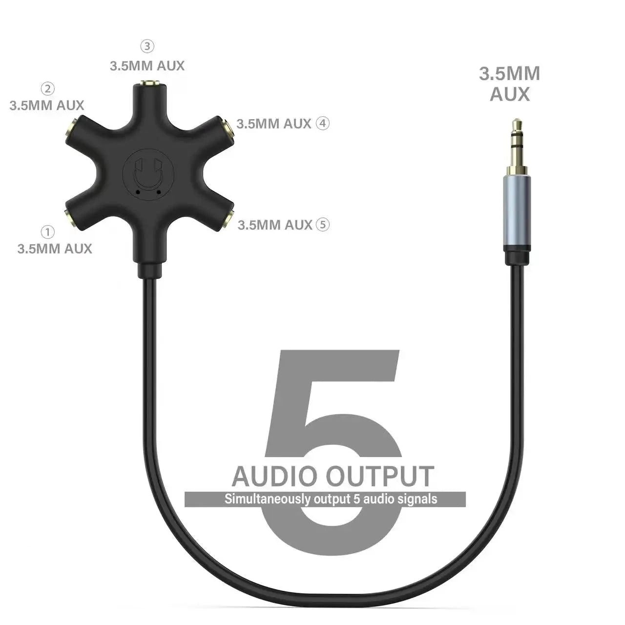 3.5mm Male AUX to 5 Ports Female Multi Headphone Stereo Audio Splitter 1m