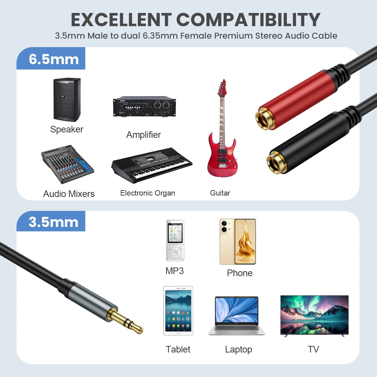 3.5mm to Dual 6.35mm Y Splitter Cable, 3.5mm 1/8" TRS Male to Dual 6.35mm 1/4" TS Female Stereo Audio Adapter for Headphone,Speaker,Home Stereo System