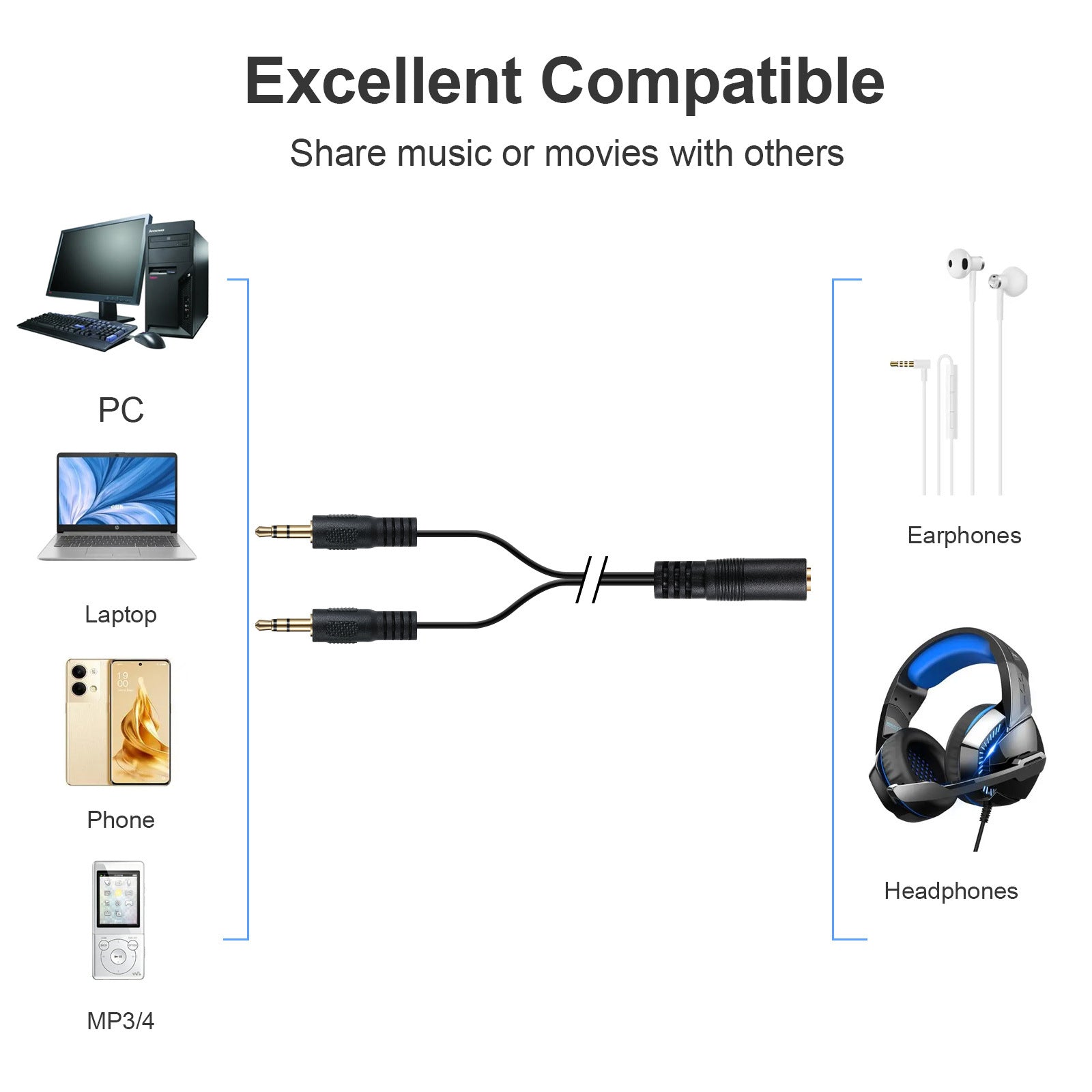 3.5mm Female to Dual 3.5mm 3 Pole Male Audio Stereo Headphone Y Coiled Cable