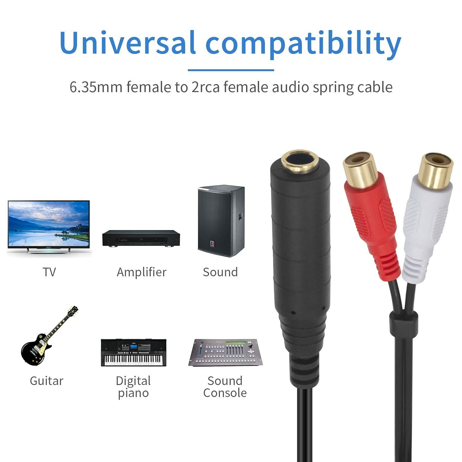 6.35mm 1/4 inch Female to Dual RCA Female Stereo Audio Y Splitter Coiled Cable