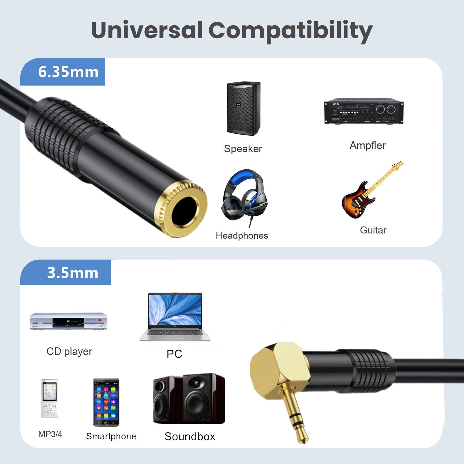 6.35mm Female to 3.5mm Angled Male Plug Stereo Hifi Mic Audio Extension Cable