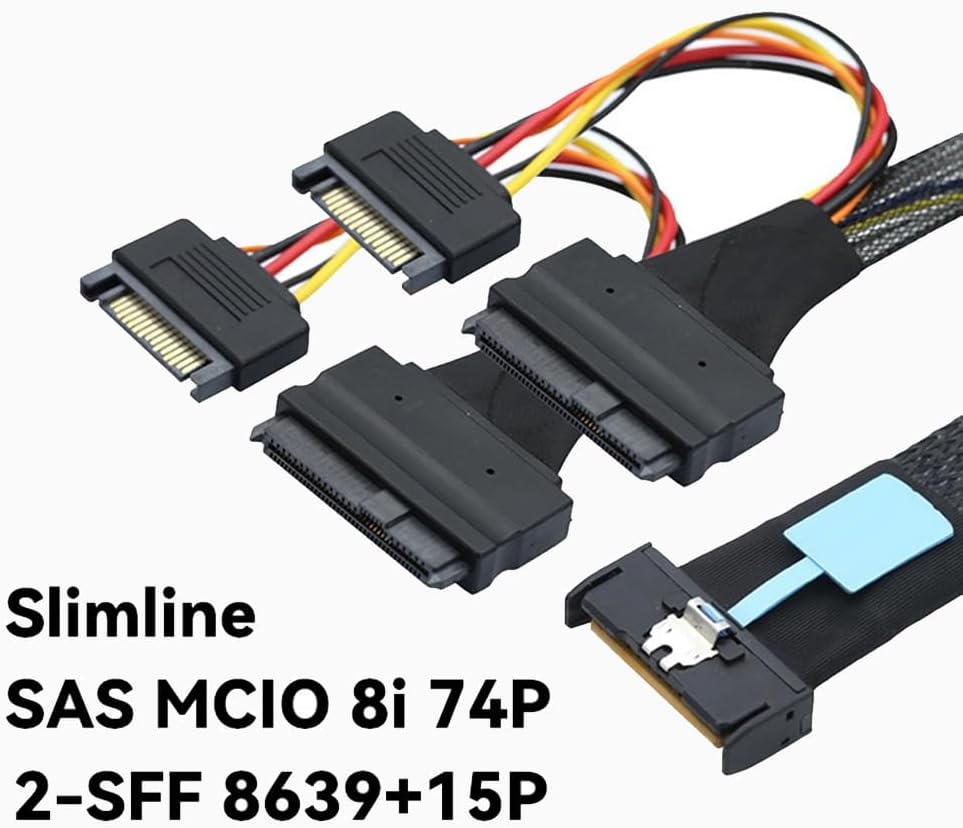 Slimline SAS MCIO 8i 74P Connection to 2-SFF 8639+15P with Power Supply Data Sever Cable