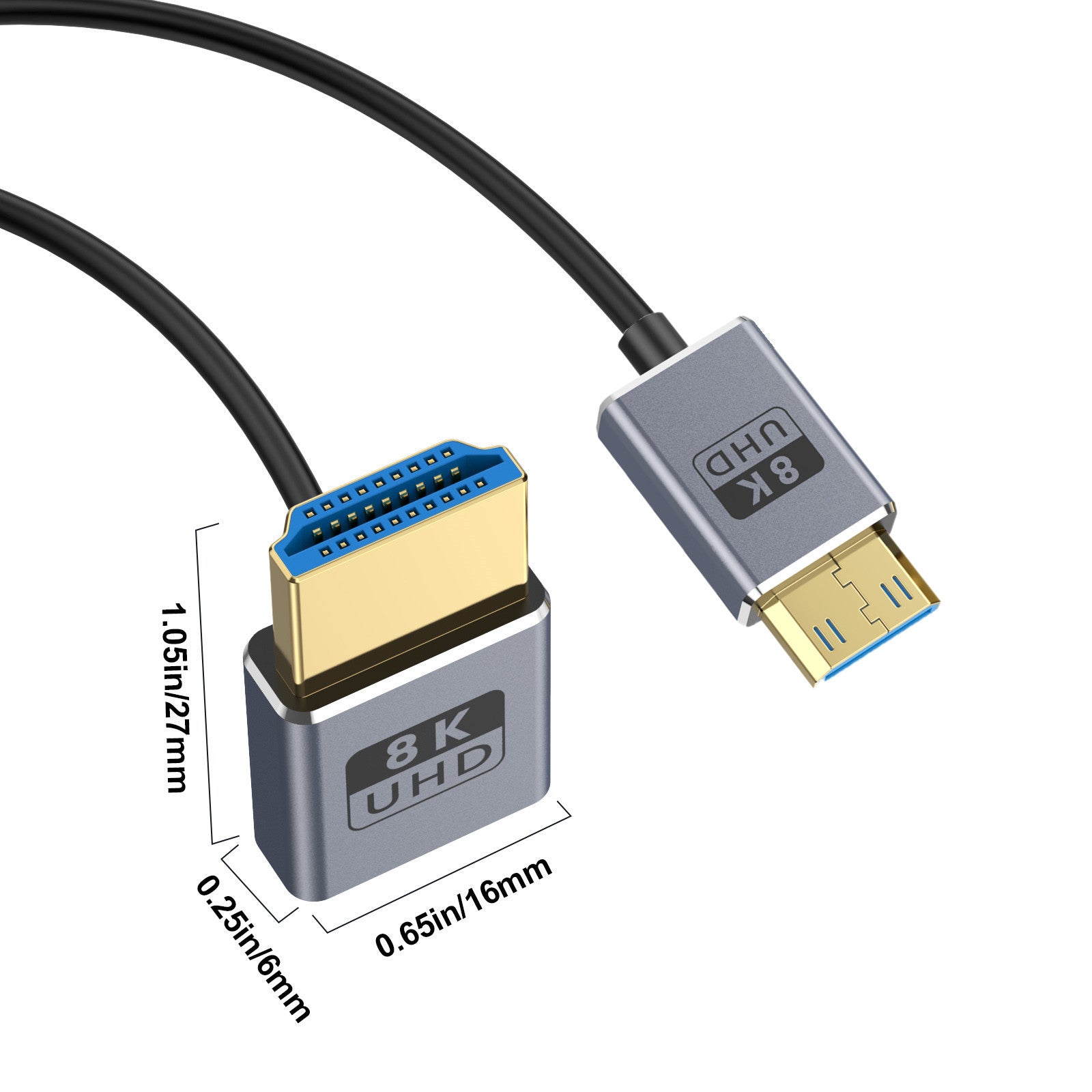 Mini HDMI to HDMI 2.1 Coaxial Extreme Slim Cable 8K 60H Ultra High Speed 48Gbps Down Angle