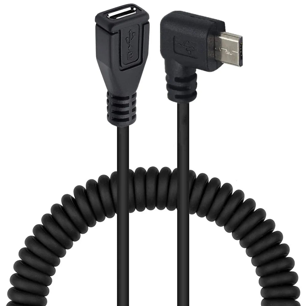 Micro 5Pin USB B Male to Micro Female Coiled Data Charging Extension Cable | Left Angle