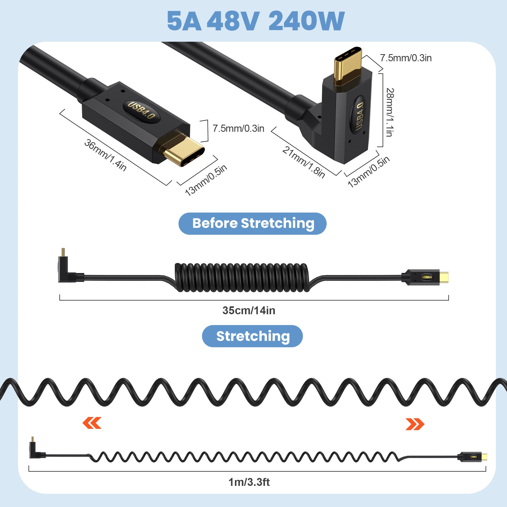 USB C High Speed Transmission USB4 UP Down Angle Coiled Cable 240W 40Gbps 8K 60H