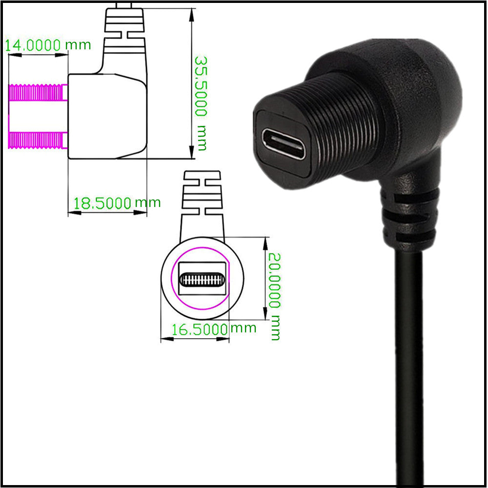 USB 3.0 A Male to USB C Angled Female Panel Mount Flush Waterproof Cable