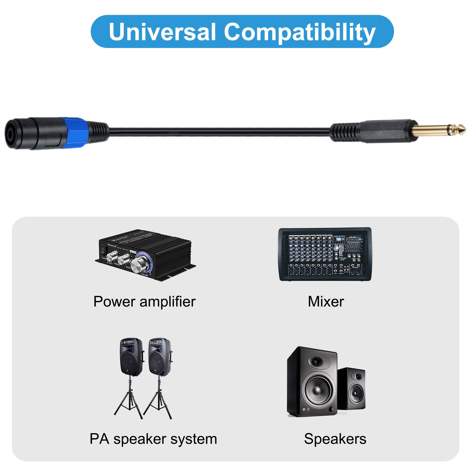 1/4" 6.35mm TS Male Speaker Cable with Twist Lock 0.5m