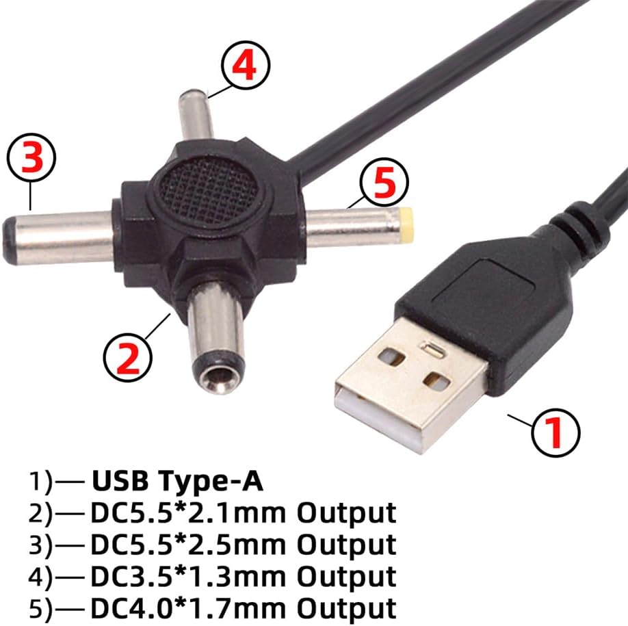 USB 2.0 A Male to 5.5x2.5mm, 5.5x2.1mm, 4.0x1.7mm, 3.5x1.3mm DC Power Plug Barrel Connector Charging Cable 5V