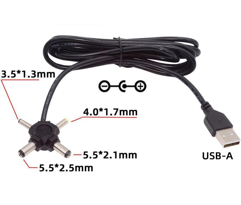 USB 2.0 A Male to 5.5x2.5mm, 5.5x2.1mm, 4.0x1.7mm, 3.5x1.3mm DC Power Plug Barrel Connector Charging Cable 5V