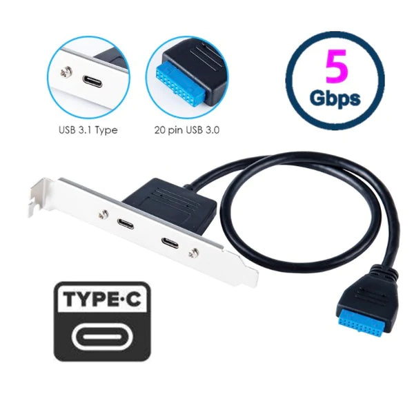 USB 3.0 Motherboard 19/20Pin to USB-C Dual Ports Female PCI-E Back Panel Cable 5Gbps