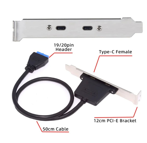 USB 3.0 Motherboard 19/20Pin to USB-C Dual Ports Female PCI-E Back Panel Cable 5Gbps