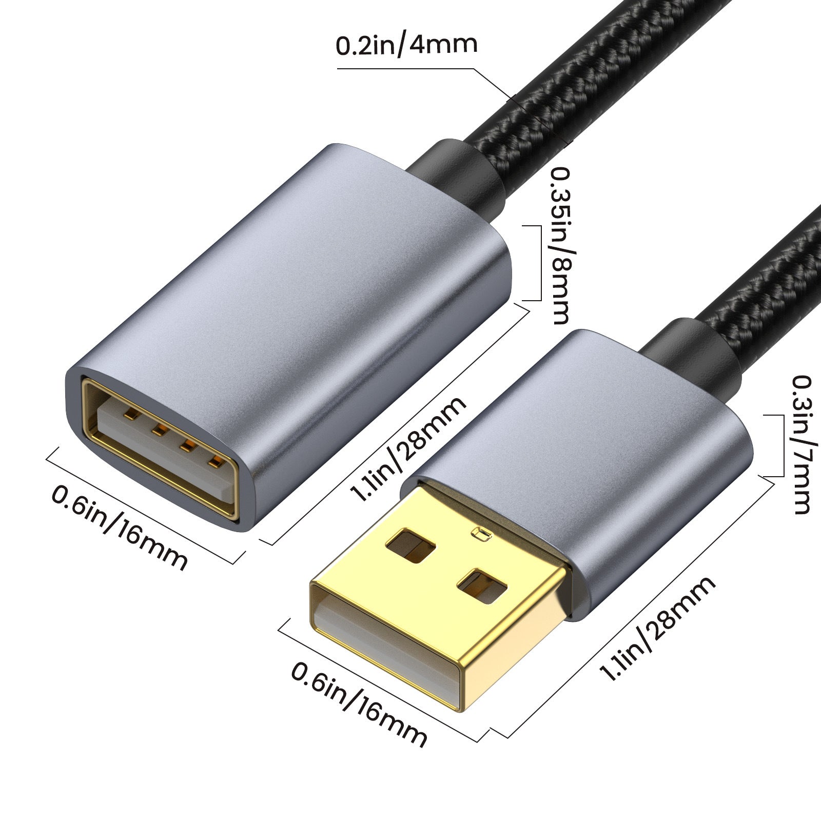 USB Extension Cable, Type A Male to A Female Nylon Braided USB 2.0 Data Transfer Extender Cable