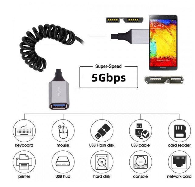 Micro B Male to USB 3.0 A Type Female Data Charging Coiled Extension Cable