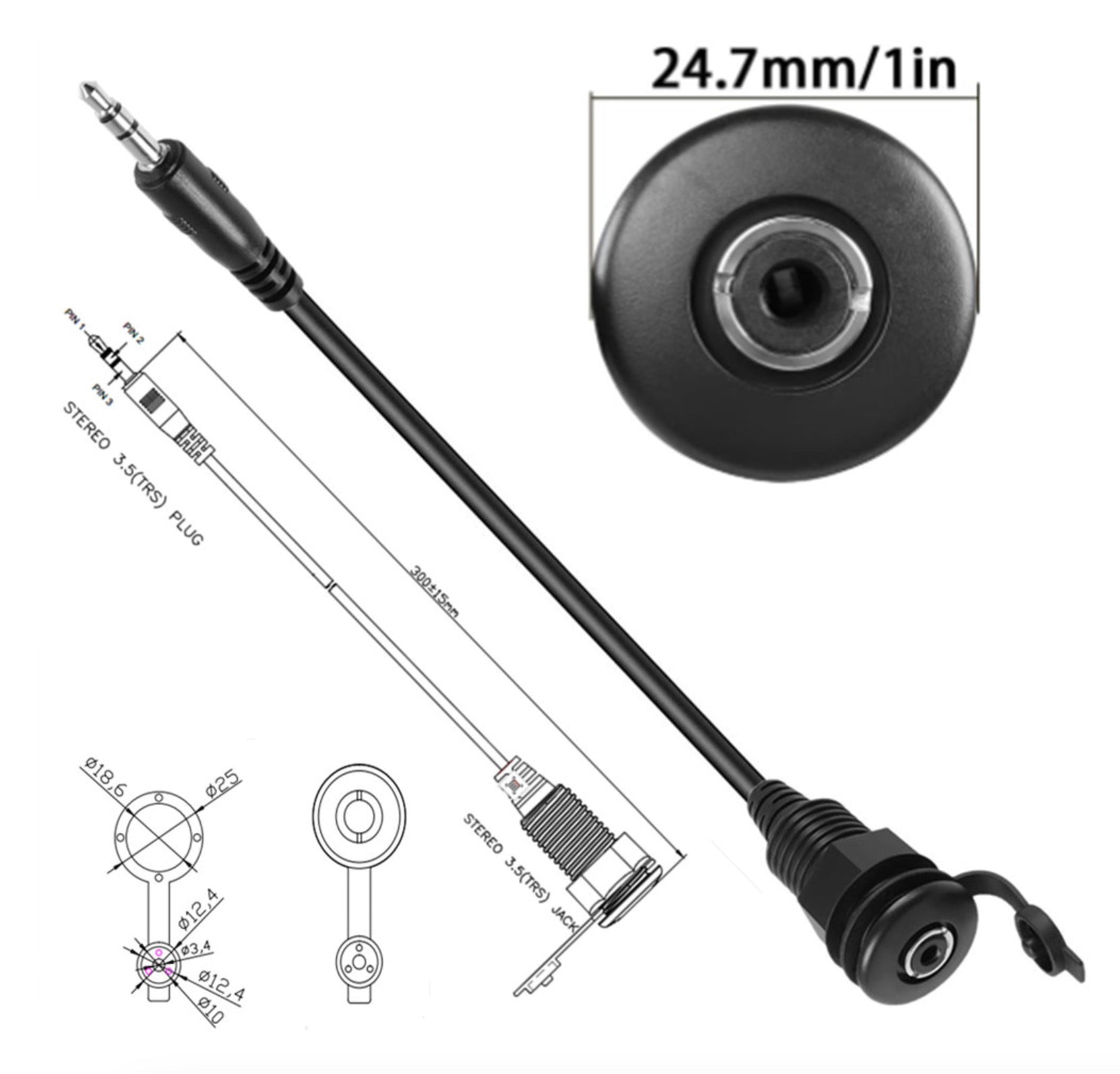 3.5mm TRS Threaded Fixed Waterproof Cable, 1/8 Male to Female Embedded Mount Stereo Headphone Mount Cable