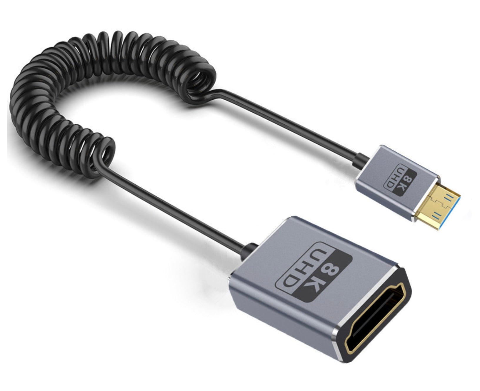 Ultra Thin Mini HDMI to HDMI Coiled Extension Cable, 8K HDMI Female to Mini HDMI Male Audio Video Cable | 8K@60Hz, 48Gbps