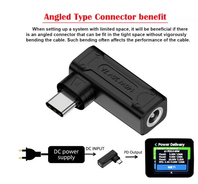 5.5 x 2.5mm Input to USB-C Angled Male Laptop Power Plug Charging Adapter