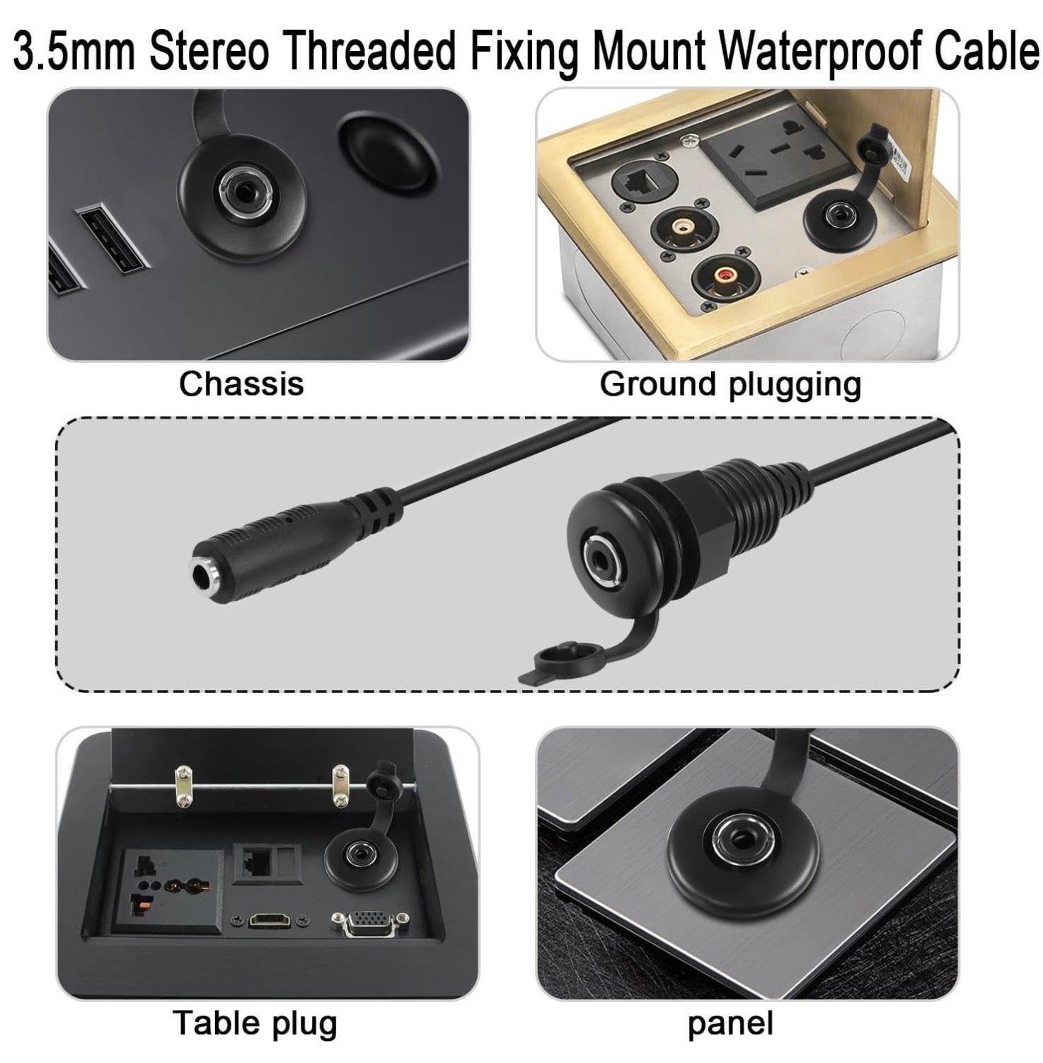 3.5mm Stereo Threaded Fixing Mount Waterproof Cable, 1/8 TRS Female to Female Embed Mount Headphone Socket Adapter