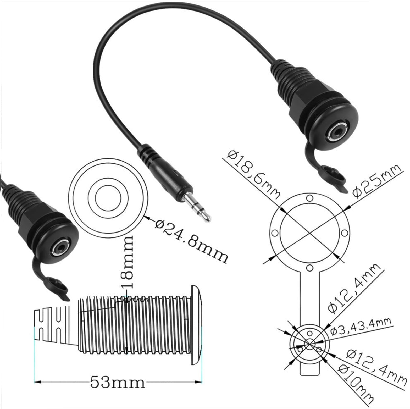 3.5mm TRS Threaded Fixed Waterproof Cable, 1/8 Male to Female Embedded Mount Stereo Headphone Mount Cable