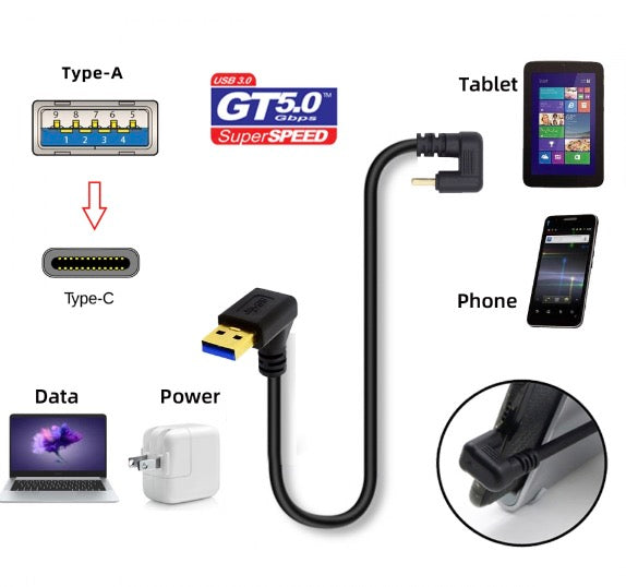 USB 3.0 A Male to USB-C 3.1 Male U Angled Data Charging Extension Cable