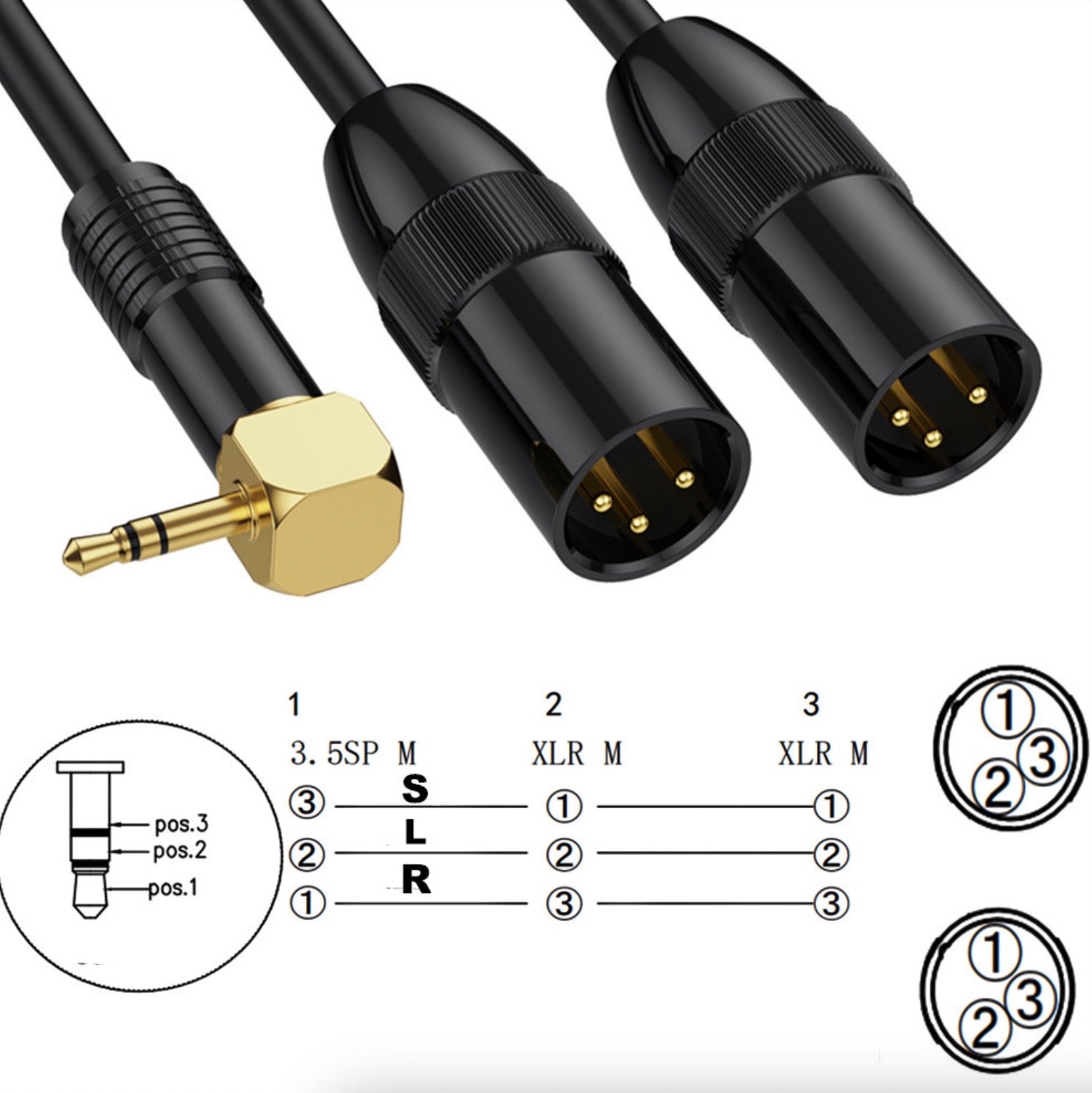 3.5mm to 2 XLR Y Splitter, TRS Angled Male to Dual XLR Male Interconnect Audio Microphone Cable