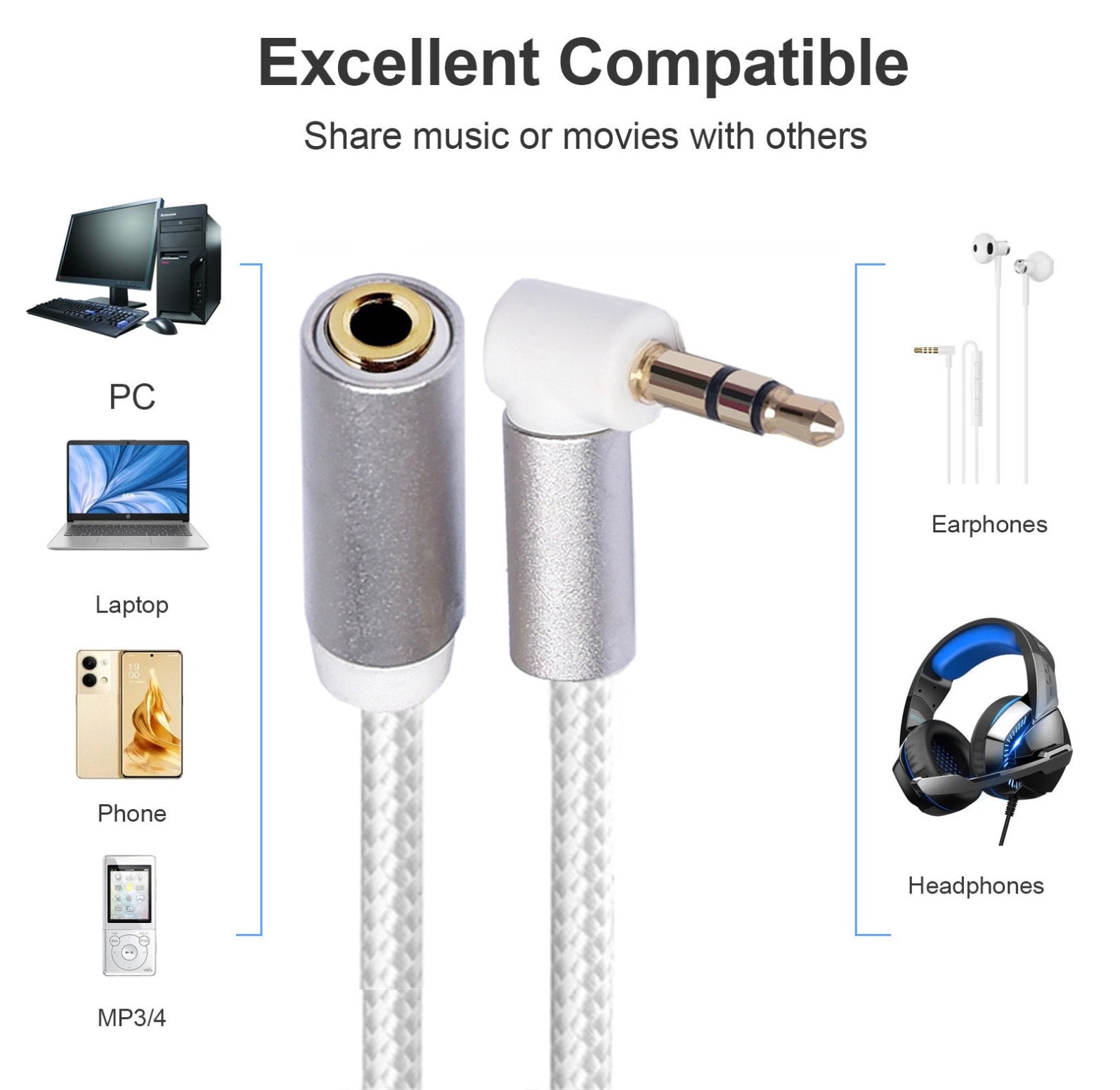 3.5mm Headphone Audio Extension Cable | 3.5mm 3Pole Male to Female Aux Audio Angled Cable