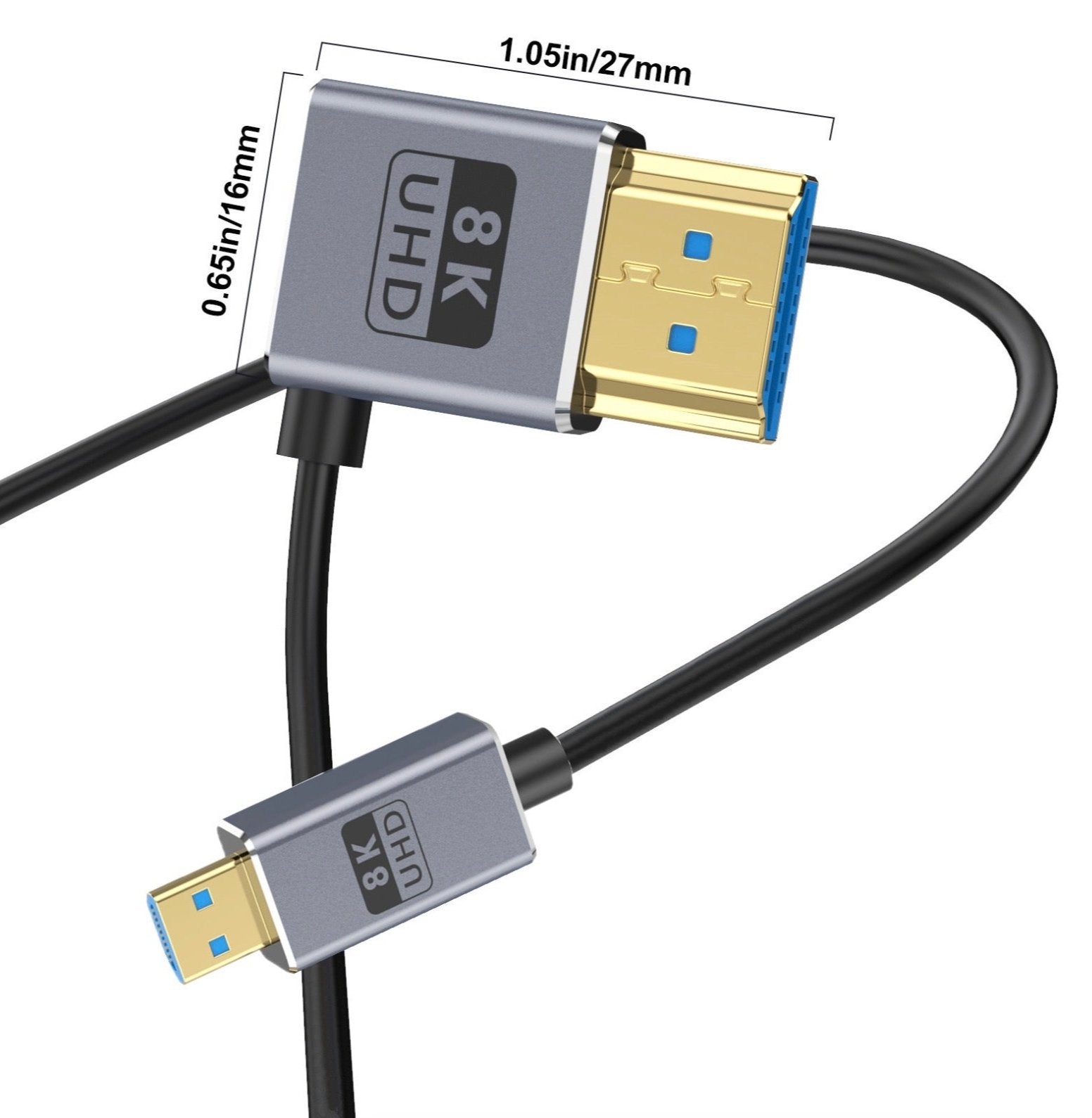 Micro HDMI to HDMI 2.1 Extreme Slim Coaxial Cable, Ultra High Speed 8K Audio Video Angled Cable