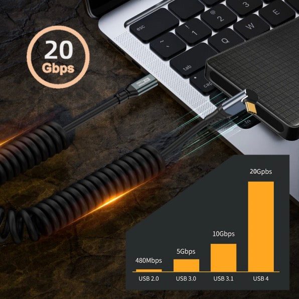 USB C to USB C Data PD Fast Charging Coiled Cable | 100W 20Gbps Up Down Angled