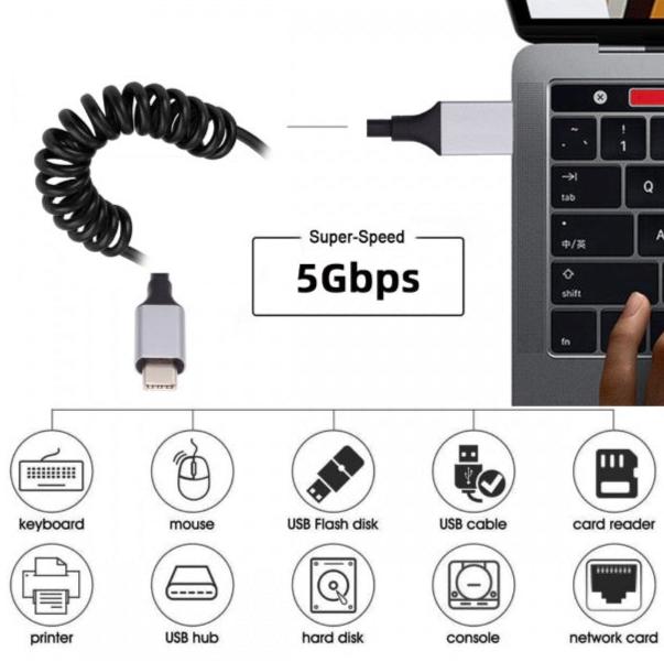 USB 3.0 to USB C Cable, Type A Male to Type C Male Stretch Coiled Cable