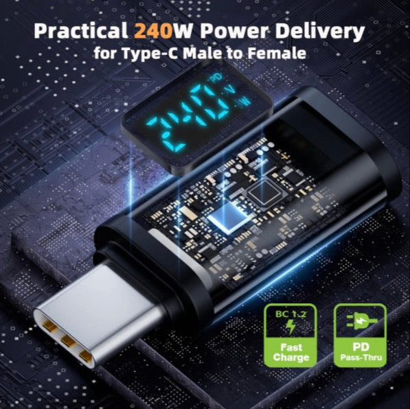 USB C Male to Female PD Charging Adapter | Current Voltage Monitor Display | USB4 240W 40Gbps