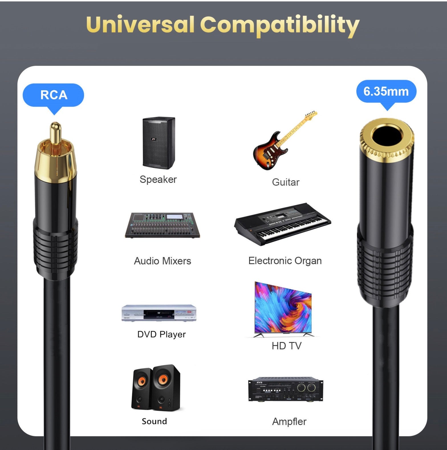 1/4 inch 6.35mm Mono TS Female to RCA Male Interconnect Audio Converter Cable