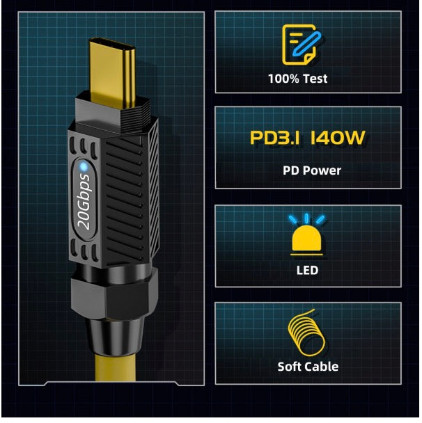 USB C Male to Female Data Charging Extension Cable 140W 20Gbps