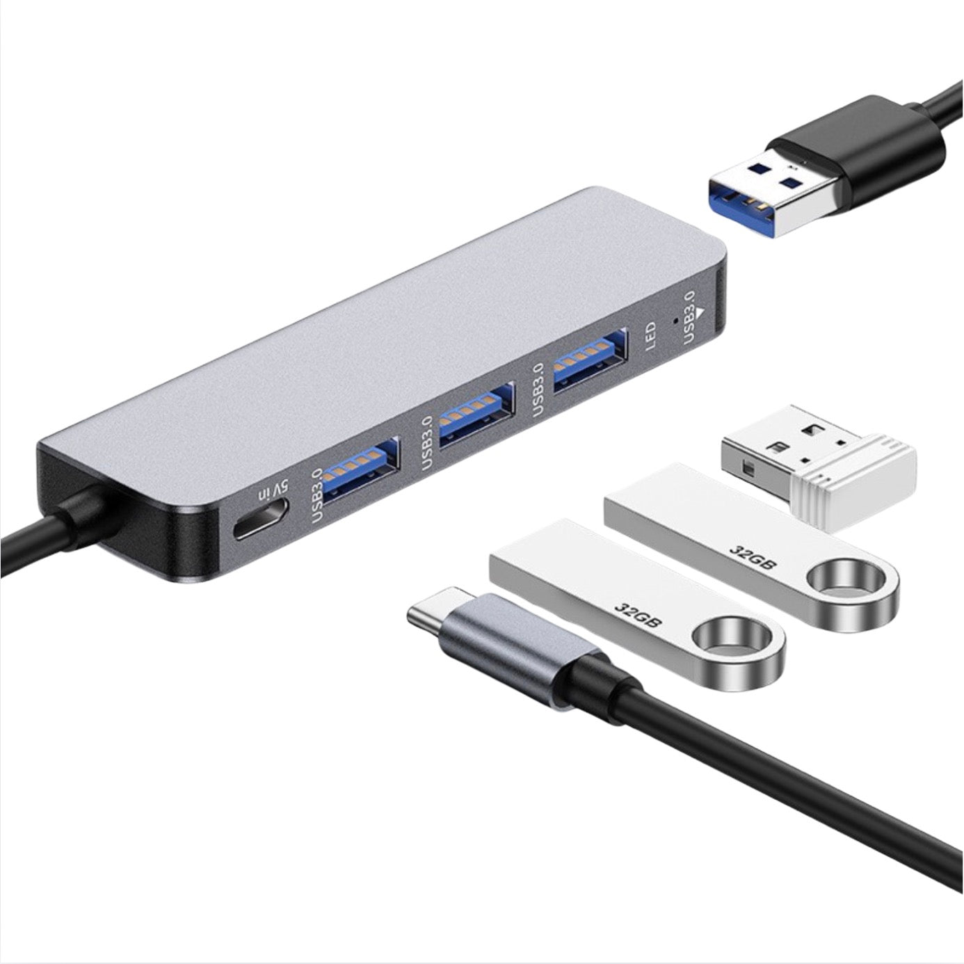 USB 3.0 A Male to 4 x USB 3.0 + USB C Female HUB