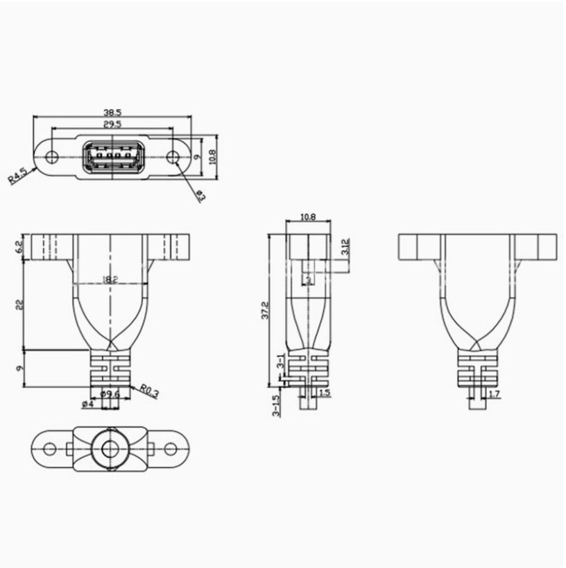 USB 2.0 A Extension Cable, Type A Male to Female Panel Mount Cable