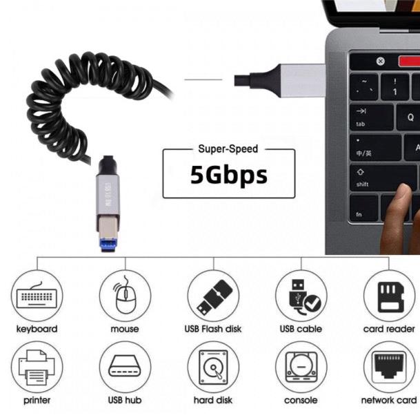 USB 3.0 Type A Male to USB 3.0 Type B Male Printer Coiled Cable