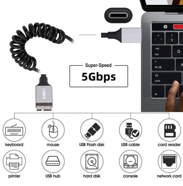 USB C Male to Micro B External Hard Drive Coiled Cable