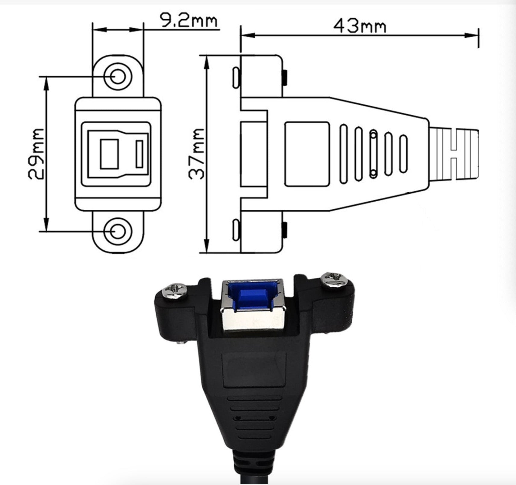 USB 3.0 A Female to Type B Female Panel Mount Data Charging Extension Cable 0.5m